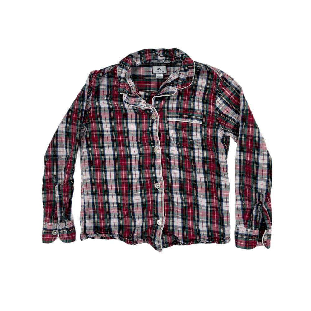 Petite Plume Women's XS Pajama Top Red Green Plaid Cotton Flannel Button Front